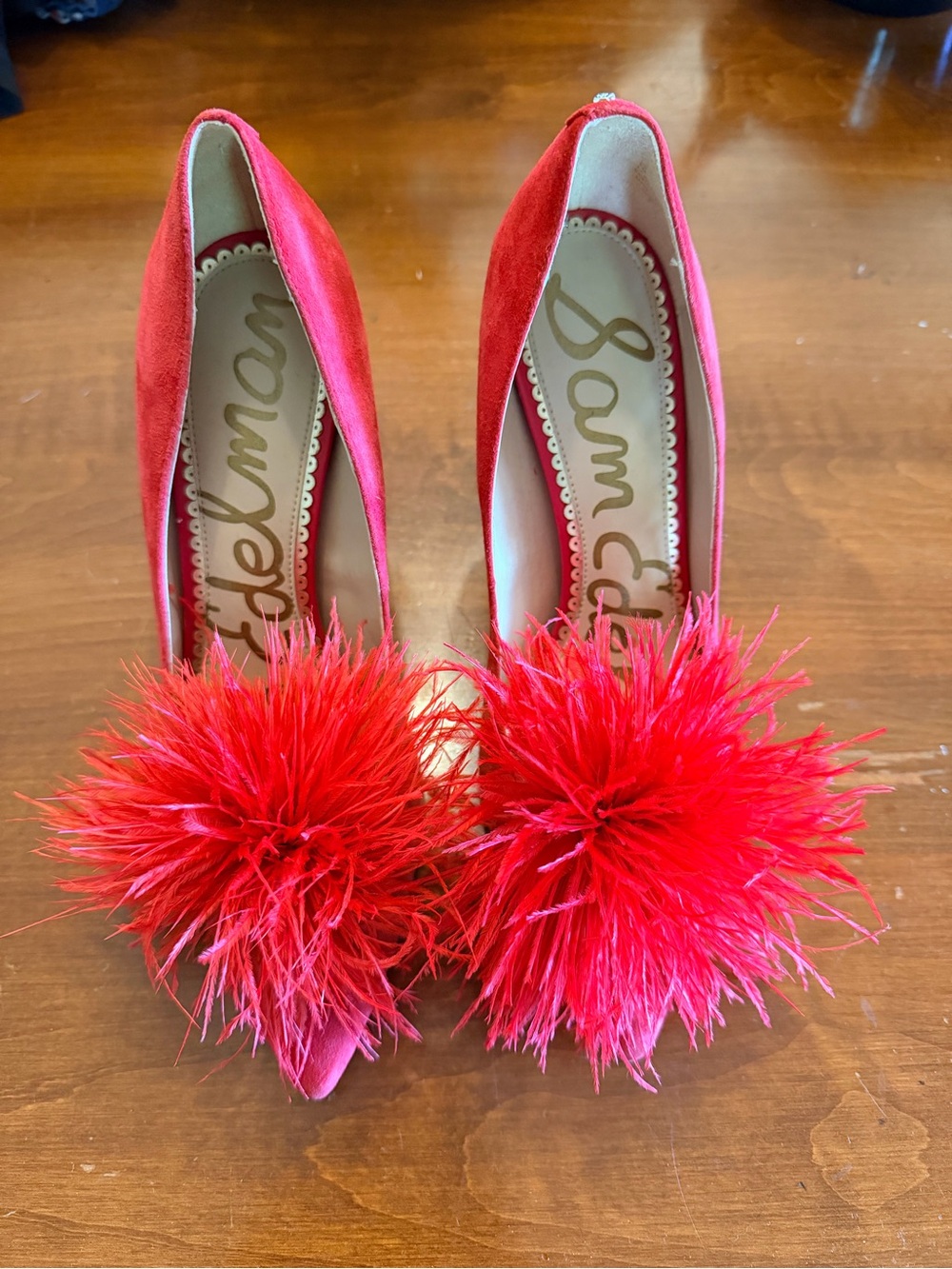 Sam Edelman Red Feather Pom Pointed-Toe Heels